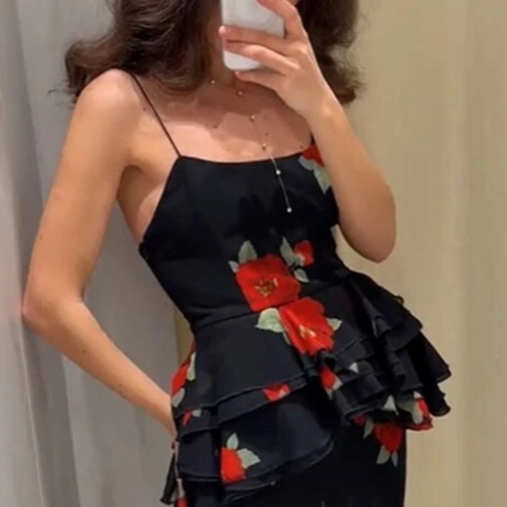 Zara Black Spaghetti-Strap Peplum Top with Red Floral Print